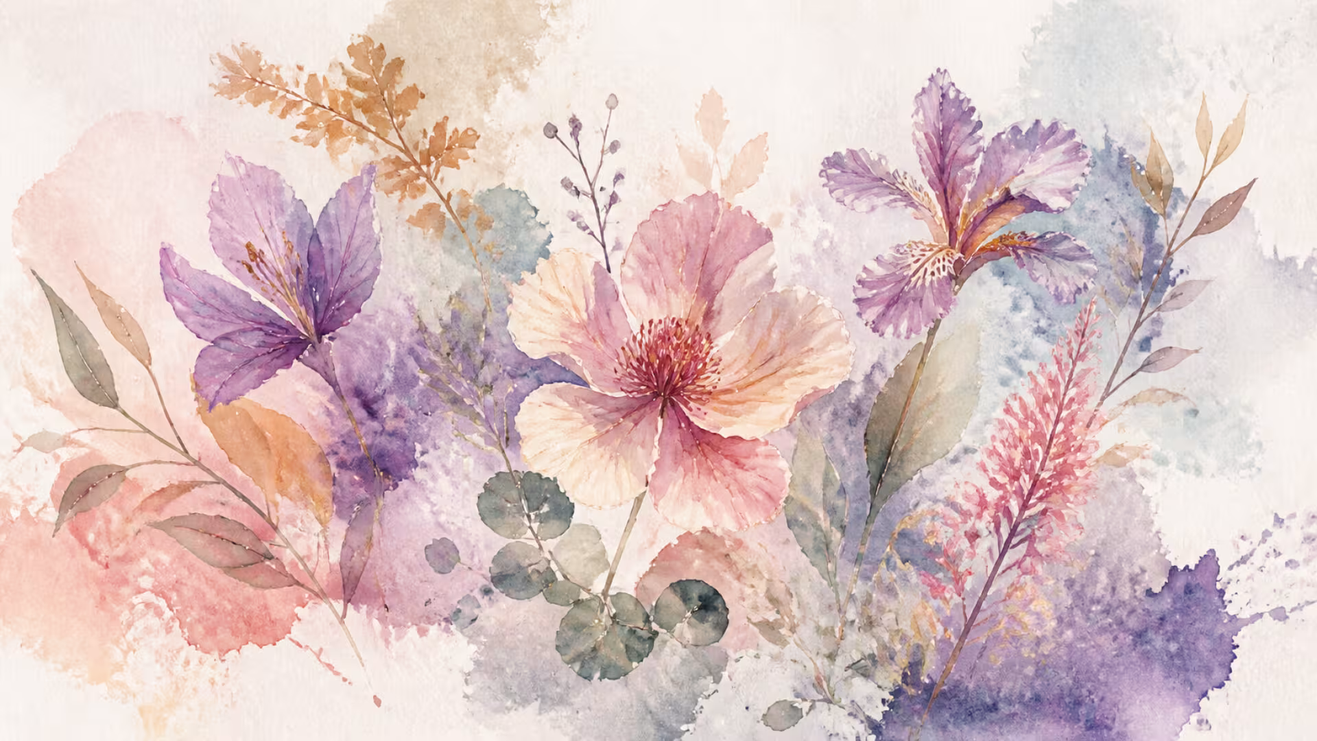 Flores botânicas pintadas em aquarela em tons de lilás, rosa e azul.