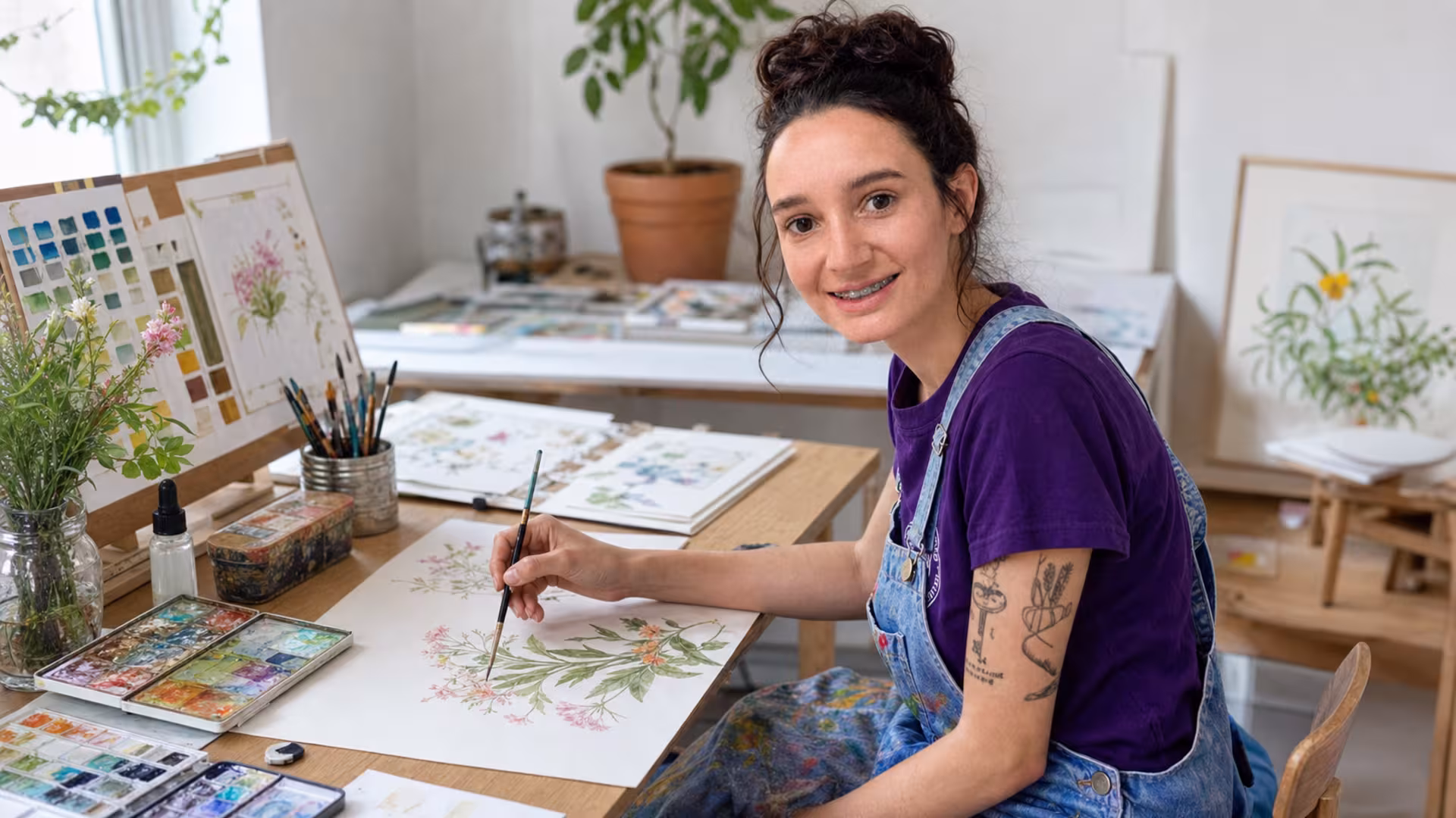 Kamilly Vitória pinta uma composição botânica em aquarela sobre a mesa do ateliê.
