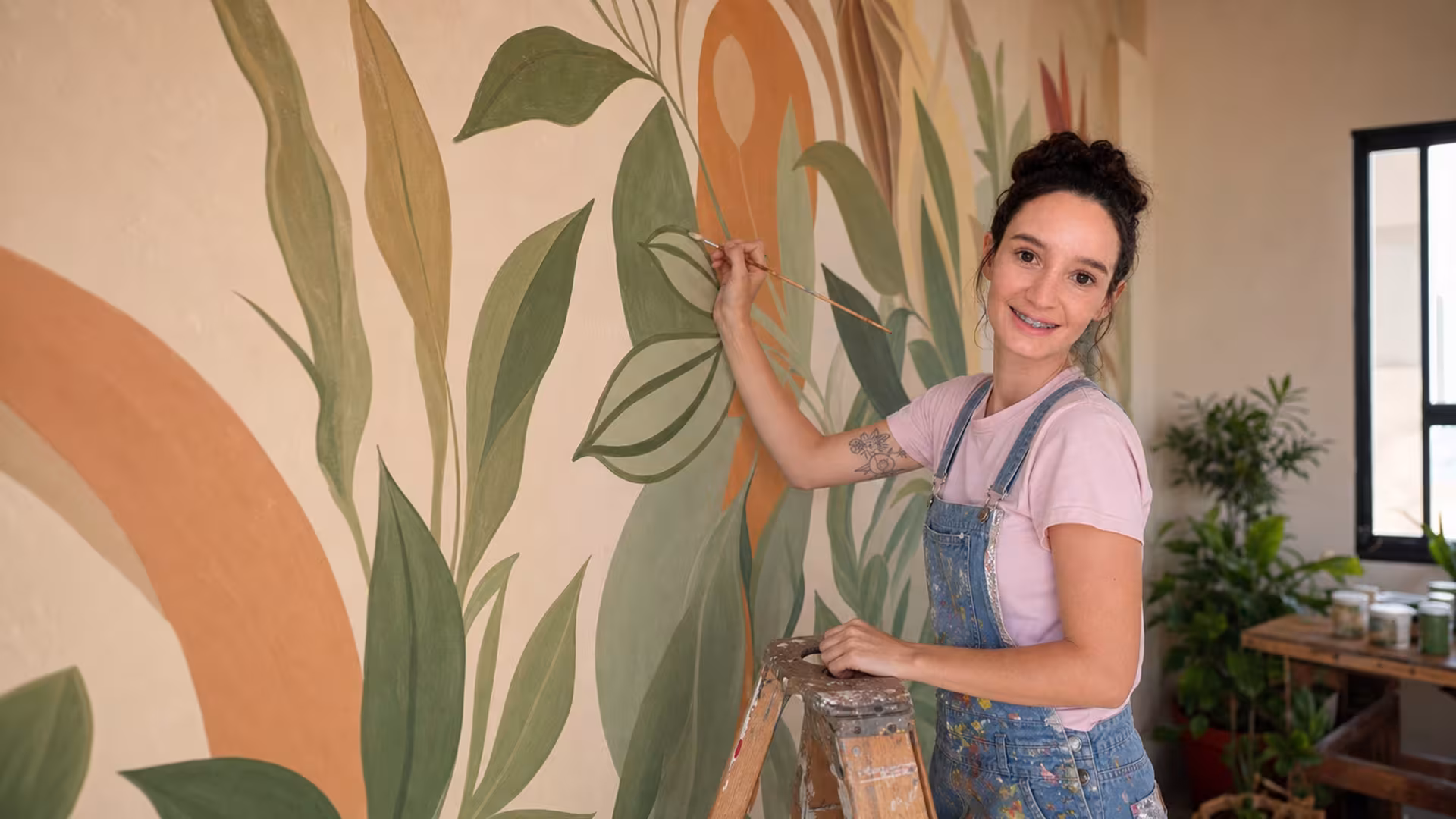 Kamilly Vitória pinta um mural botânico em tons verdes e terrosos.