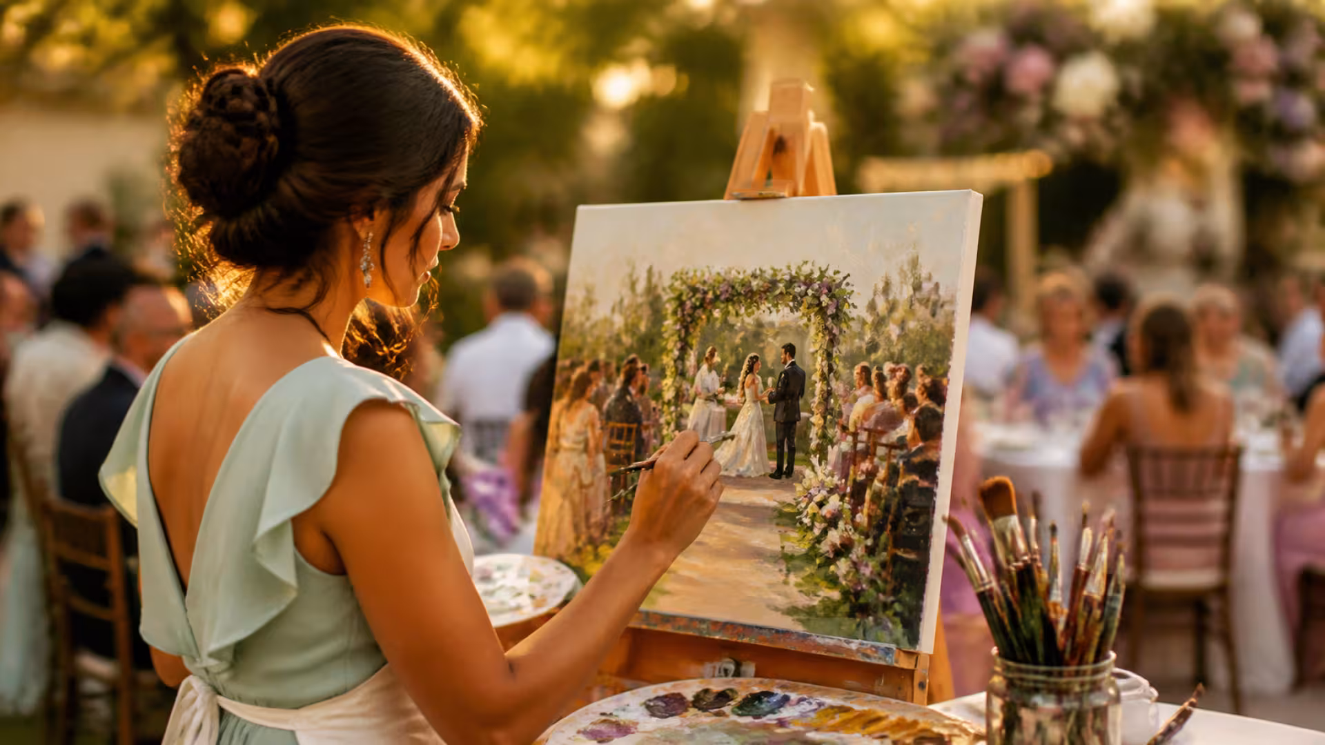 Artista registra uma cerimônia de casamento em uma pintura ao vivo.