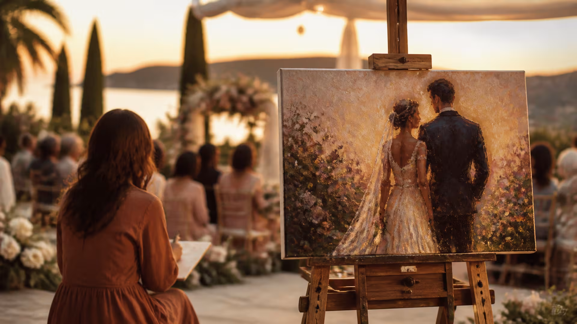 Pintura de um casal em um cavalete durante casamento ao pôr do sol.