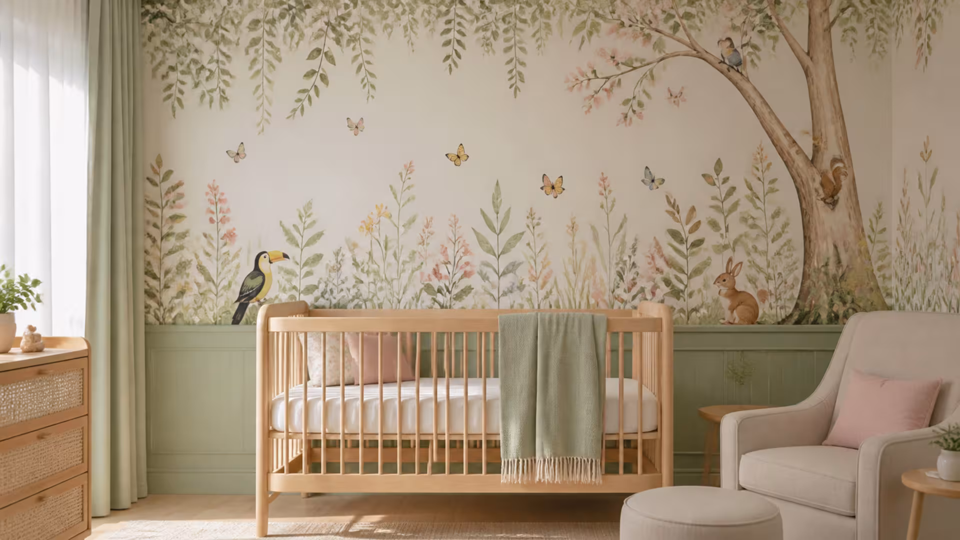 Quarto de bebê com mural delicado de jardim, pássaros e pequenos animais.