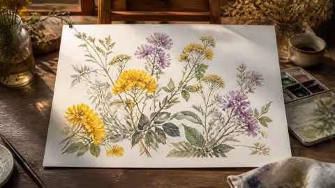 Aquarela botânica com flores amarelas e lilases sobre uma mesa de ateliê.