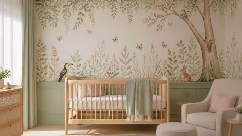 Quarto de bebê com mural delicado de jardim, pássaros e pequenos animais.