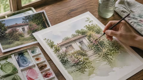 Aquarela de uma casa com jardim sendo finalizada à mão.
