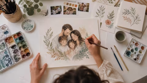 Ilustração personalizada de uma família em aquarela sobre mesa de ateliê.