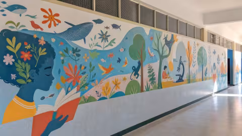 Corredor escolar com mural colorido sobre leitura, ciência e natureza.