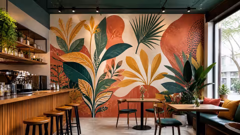 Cafeteria contemporânea com mural botânico em tons terrosos.