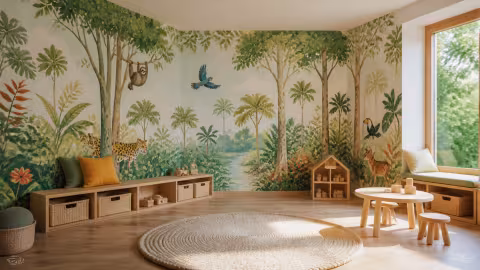 Espaço infantil com mural imersivo inspirado na floresta brasileira.