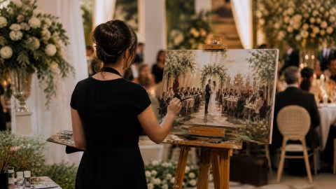 Artista pinta uma celebração em tela durante uma recepção de casamento.