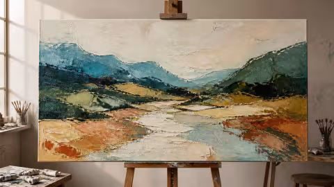 Tela com paisagem brasileira abstrata apoiada em cavalete no ateliê.