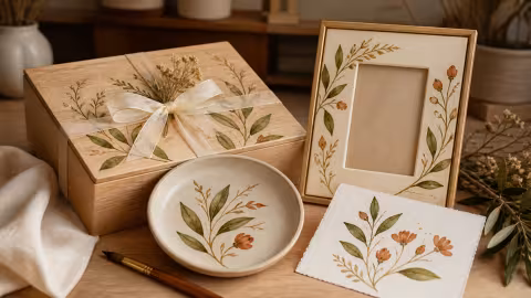 Presentes artesanais com motivos botânicos pintados à mão.